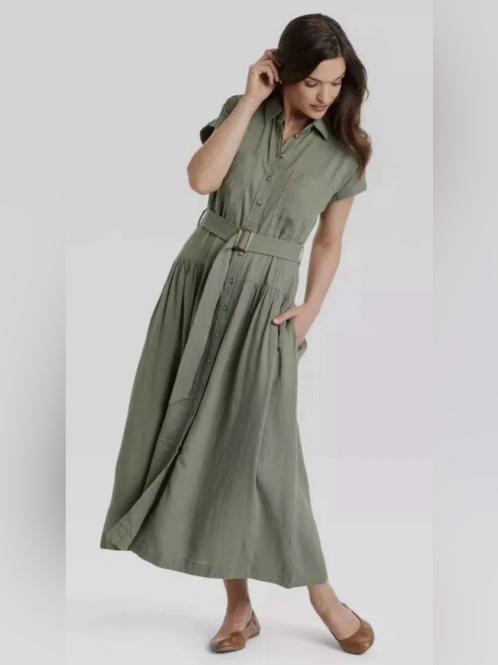 Universal Thread Olive Green Button-Front Drop Waist Shirt Dress